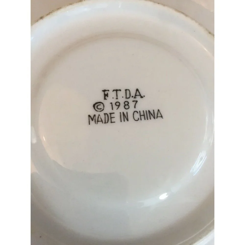 VTG FTDA 1987 Footed Tea Cup & Saucer White Silver Band Peach Floral Cottagecore